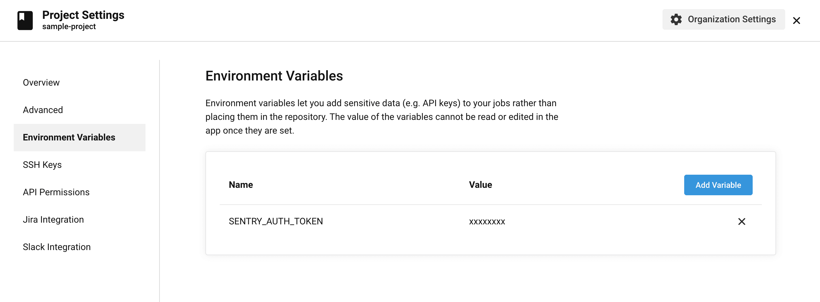 View of CircleCI environment variables.